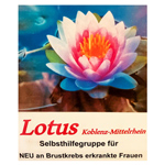 Gemalte rosa Lotusblüte auf blauem Wasser, darunter steht "Lotus Koblenz-Mittelrhein, Selbsthilfegruppe für neu an Brustkrebs erkrankte Frauen"